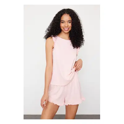 Trendyol Pink 100% Cotton Frilled Shorts Knitted Pajama Set