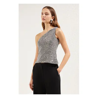 Trendyol Silver One Shoulder Knitted Sequin Blouse