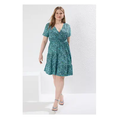 Trendyol Curve Petrol V Neck Floral Patterned Stitcher Knitting Plus Size Dress