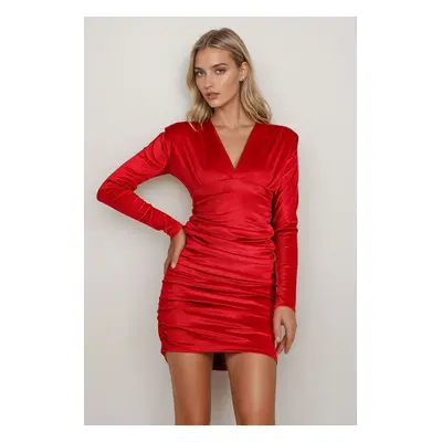 Trend Alaçatı Stili Women's Red Deep V Neck Draped Velvet Dress