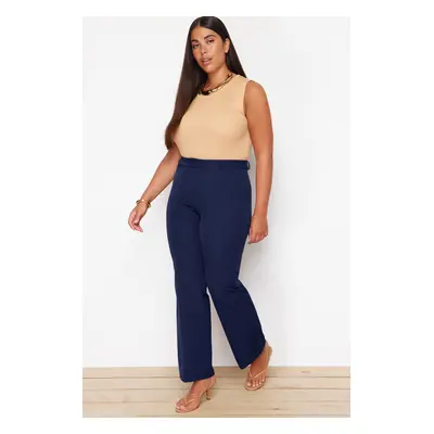 Trendyol Curve Navy Blue High Waist Ribbed Stitched Spanish Leg Woven Trousers