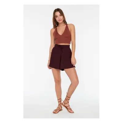 Trendyol Claret Red Relaxed Cut Regular Waist Crepe/Textured Knit Shorts