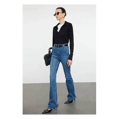 Trendyol Blue Ribbed High Waist Flare Jeans