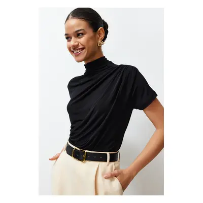 Trendyol Black Shirring/Drape Detailed Fitted/Fitted Short Sleeve Stand Collar Stretch Knitted B