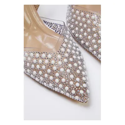 Trendyol Beige Faux Pearl Detailed Stoned Open Back Vinyl Women's Evening High Heel Shoes TAXSS2