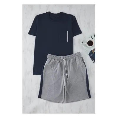 Trendyol Navy Blue Regular Fit Panelled Knitted Shorts Pajama Set