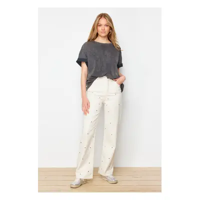 Trendyol White Bird Eye Detailed High Waist Straight Jeans