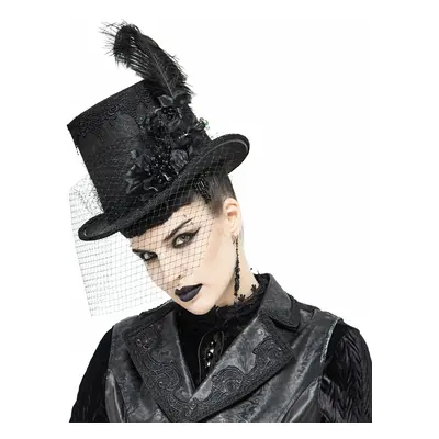 Kalap DEVIL FASHION - Abandoned Carnival - Gothic Top Hat with Fishnet and Feathers