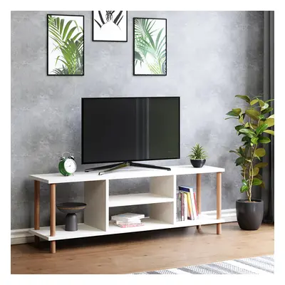 TV-asztal Ærøskøbing 43x120x29 cm TV-állvány forgácslap bükkfa fehér [en.casa]