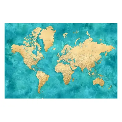 Térkép Detailed world map with cities in gold and teal watercolor, Lexy, Blursbyai