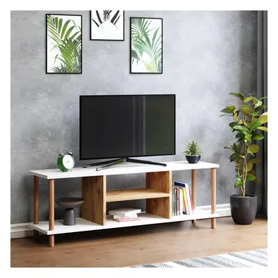 TV-asztal Ærøskøbing 43x120x29 cm TV-állvány forgácslap bükkfa fehér fa színű [en.casa]