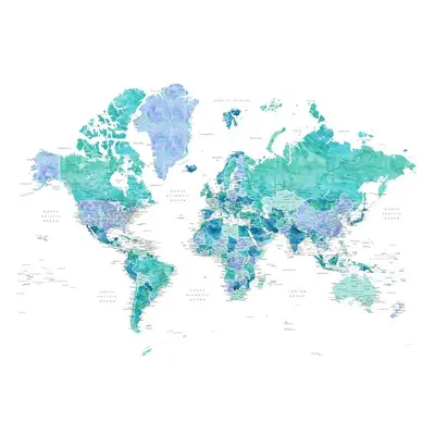 Térkép Aquamarine and blue watercolor detailed world map, Blursbyai