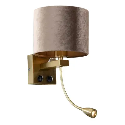 Wandlamp brons met velours kap taupe 18cm - Brescia Combi