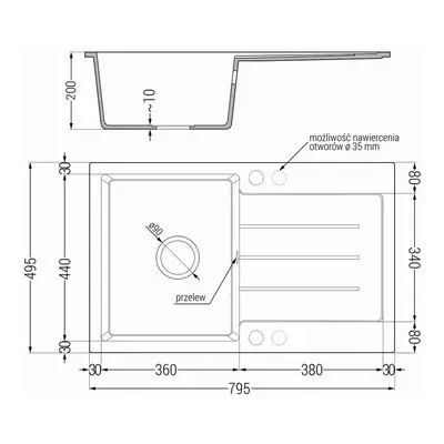 Mexen Bruno - gránit mosogató 79,5x49,5cm + Flex csaptelep, 1 kamrás, fehér, 6513791010-20-Flex