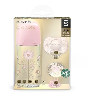 SUAVINEX - Gold Set Palack 270Ml + Cumi fiziológiai 0/6 + klipsz arany - Rózsaszín