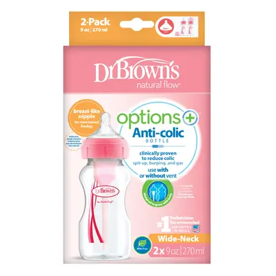 DR.BROWNS - Antikolikus cumisüveg Options+ széles nyakú 2x270ml műanyag rózsaszín (WB92601)