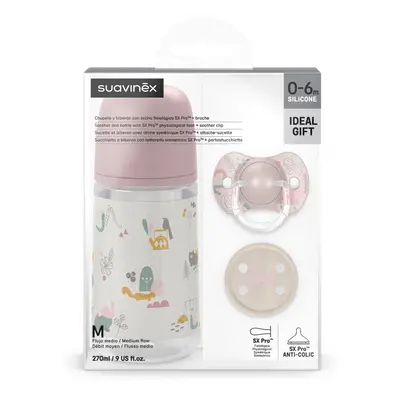 SUAVINEX - Palackkészlet 270ml + cumi 0/6m + Walk klipsz - pink