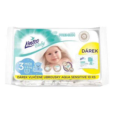 LINTEO - Baby premium Midi jednorázové plienky (5-9kg) 5ks + darček vlhčené utierky AQUA SENSITI