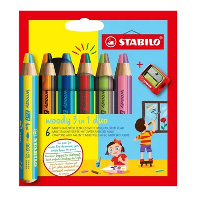 STABILO - Multifunkcionális fás 3in1 duo színező toll - kétszínű tinta - 6 db-os készlet hegyező