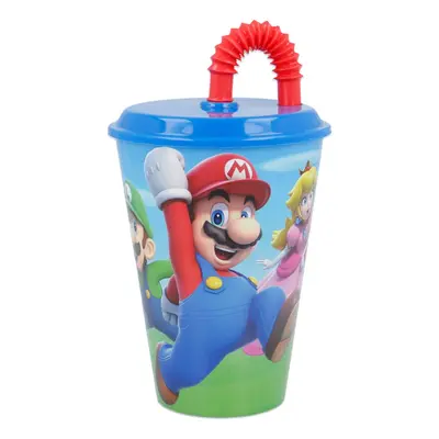 STOR - Műanyag pohár kupakkal és szívószállal SUPER MARIO 430ml, 21430