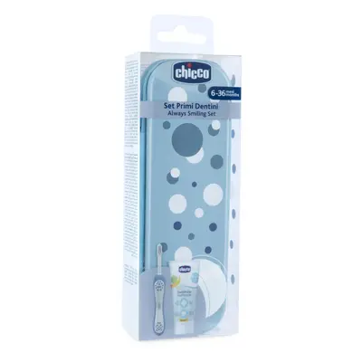 CHICCO - Fogkefe és fogkrém szett tokkal Always smiling - light blue, 6m+