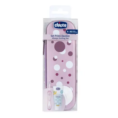 CHICCO - Fogkefe és fogkrém szett tokkal Always smiling – lilac, 6m+