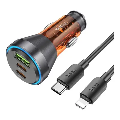 Hoco NZ12D autós szivargyújtó töltő USB QC 18W + 2xType-C 30W, + Type C-Lightning kábel, (PD60W)