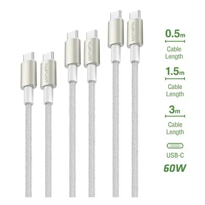 4smarts PremiumCord USB Type-C / USB Type-C töltő- és adatkábel szett, 60W, 3x0.5M+1.5M+3M fehér