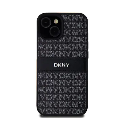 DKNY PU Leather Repeat Pattern Tonal Stripe Apple iPhone 15 hátlap tok, fekete