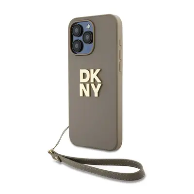 DKNY PU Leather Stack Logo Apple iPhone 15 Pro Max hátlap tok csuklópánttal, bézs