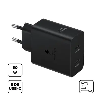 Samsung hálózati adapter 2xType-C + Type-C kábellel, PD, 50W, fekete