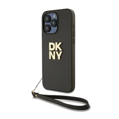 DKNY PU Leather Stack Logo Apple iPhone 14 Pro Max hátlap tok csuklópánttal, barna