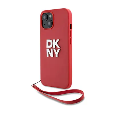 DKNY PU Leather Stack Logo Apple iPhone 15 hátlap tok csuklópánttal, piros