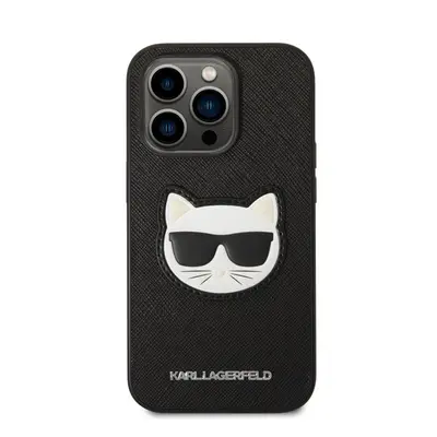 Karl Lagerfeld Choupette Head Saffiano bőr hátlap tok Apple iPhone 14 Pro Max, fekete