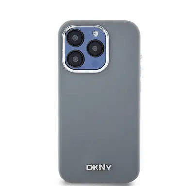 DKNY Liquid Silicone Silver Metal Logo Magsafe iPhone 15 Pro hátlap tok, szürke