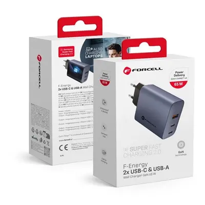 Forcell hálózati gyorstöltő 2xType-C + USB, PD + QC 4.0, 4A, GaN 65W, szürke