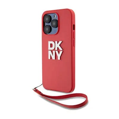 DKNY PU Leather Stack Logo Apple iPhone 14 Pro hátlap tok csuklópánttal, piros