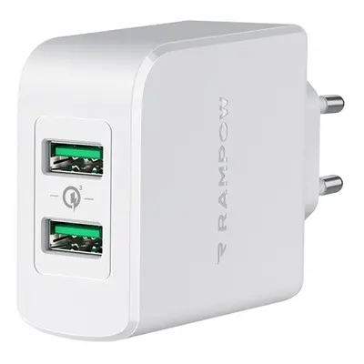 Rampow RBA16 hálózati gyorstöltő adapter 2xUSB QC, 39W, fehér