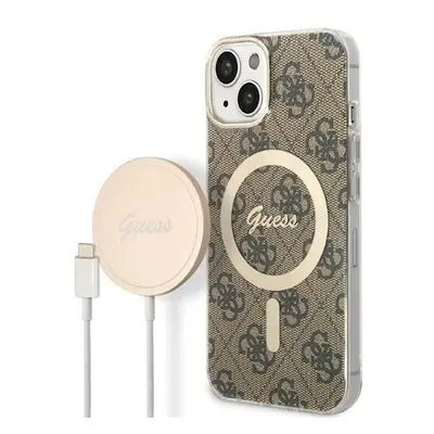 Guess 4G Print MagSafe Apple iPhone 14 Plus hátlap tok, barna + MagSafe töltő