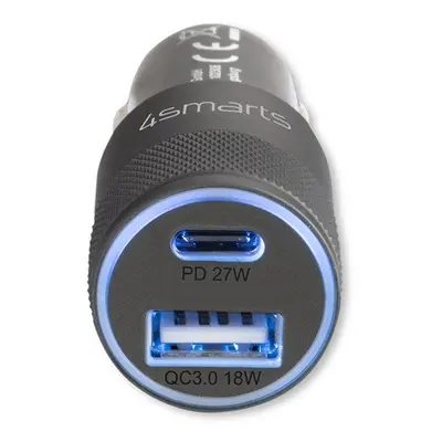 4smarts Rapid+ autós szivargyújtó gyorstöltő, Type-C + USB, PD, 27W, szürke