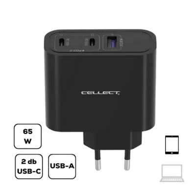 Hálózati töltő adapter gyorstöltő 2xType-C + USB, 65W, fekete