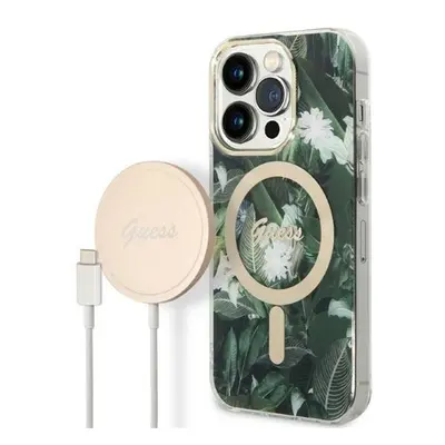 Guess Jungle MagSafe Apple iPhone 14 Pro Max hátlap tok, zöld + MagSafe töltő