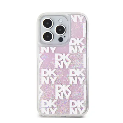 DKNY Liquid Glitter Checkered Pattern iPhone 15 Pro hátlap tok, rózsaszín