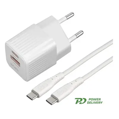 4smarts VoltPlug Duos hálózati gyorstöltő adapter, USB + Type-C + Type-C kábel 1,5m, 20W, fehér