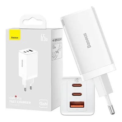 Baseus GaN5 Pro hálózati töltő 2xType-C + USB, Type-C-Type-C kábellel, 65W, fehér