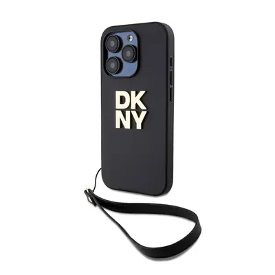 DKNY PU Leather Stack Logo Apple iPhone 15 Pro Max hátlap tok csuklópánttal, fekete