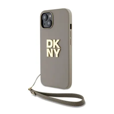 DKNY PU Leather Stack Logo Apple iPhone 13 hátlap tok csuklópánttal, bézs