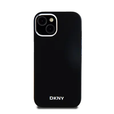 DKNY Liquid Silicone Silver Metal Logo Magsafe iPhone 15 hátlap tok, fekete