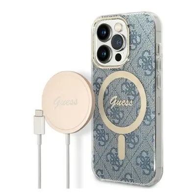 Guess 4G Print MagSafe Apple iPhone 14 Pro Max hátlap tok, kék + MagSafe töltő