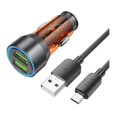 Hoco NZ12 autós szivargyújtó töltő 2xUSB QC 18W + Micro USB kábel, átlátszó-narancssárga